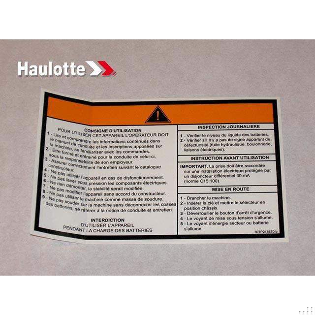 Haulotte Part # 307P218670 - OPERATING INSTRUCTIONS LABEL