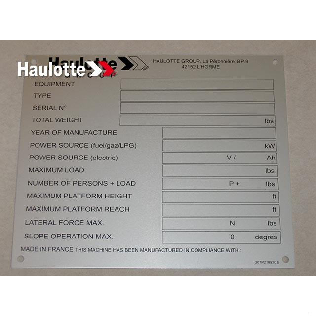 Haulotte Part # 307P218930 - MANUFACTURER PLATE