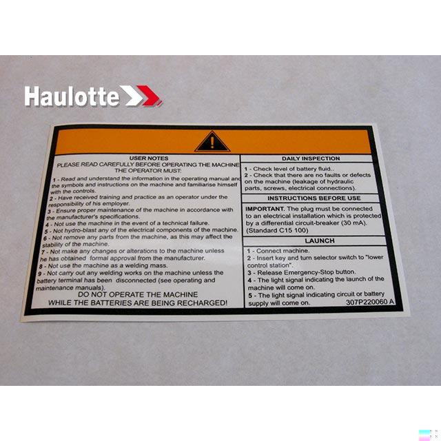 Haulotte Part # 307P220060 - OPERATING INSTRUCTIONS LABEL