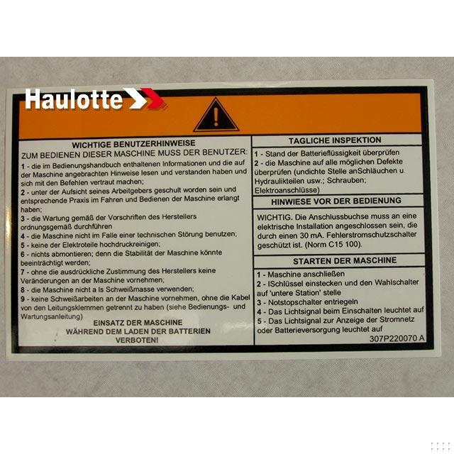Haulotte Part # 307P220070 - OPERATING INSTRUCTIONS LABEL
