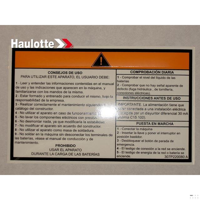 Haulotte Part # 307P220080 - ?¡§?£¤ OPERATING INSTRUCTIONS ?¡§?? LABEL