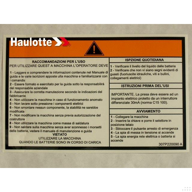 Haulotte Part # 307P220090 - OPERATING INSTRUCTIONS LABEL