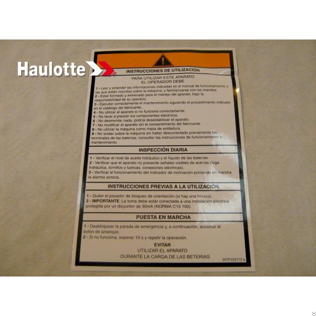 Haulotte Part # 307P220710 - ?¡§?£¤ OPERATING INSTRUCTIONS ?¡§?? LABEL