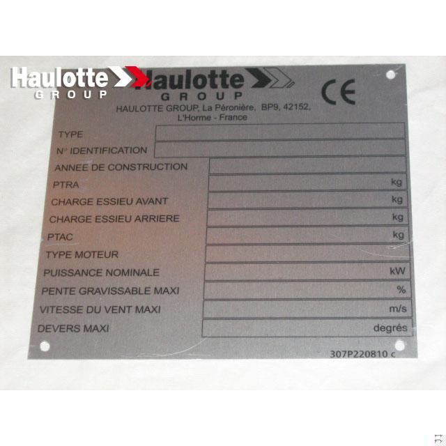 Haulotte Part # 307P220810 - MANUFACTURER PLATE