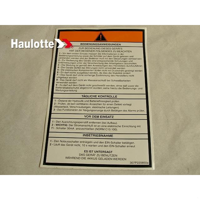 Haulotte Part # 307P220850 - OPERATING INSTRUCTIONS