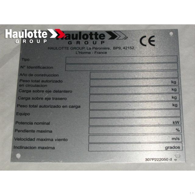 Haulotte Part # 307P222050 - MANUFACTURER PLATE