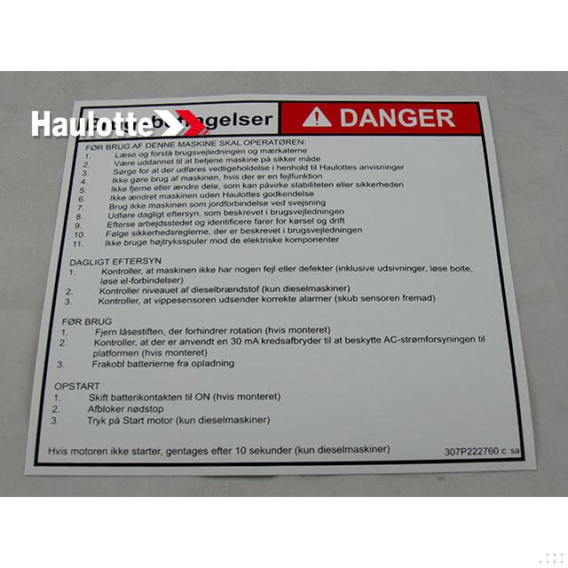 Haulotte Part # 307P222760 - ?¡§?£¤ OPERATING INSTRUCTIONS ?¡§?? LABEL