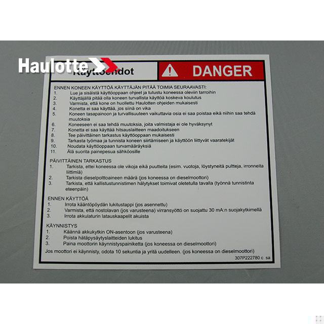 Haulotte Part # 307P222780 - ?¡§?£¤ OPERATING INSTRUCTIONS ?¡§?? LABEL