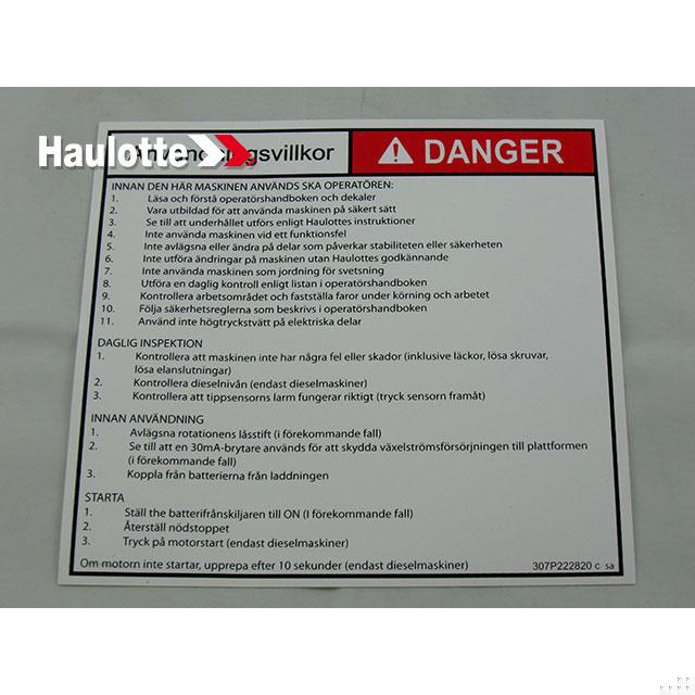 Haulotte Part # 307P222820 - ?¡§?£¤ OPERATING INSTRUCTIONS ?¡§?? LABEL