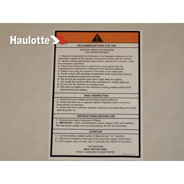 Haulotte Part # 307P227220 - LABEL