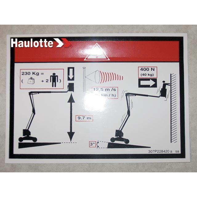 Haulotte Part # 307P228420 - FLOOR HEIGHT + LOAD LABEL