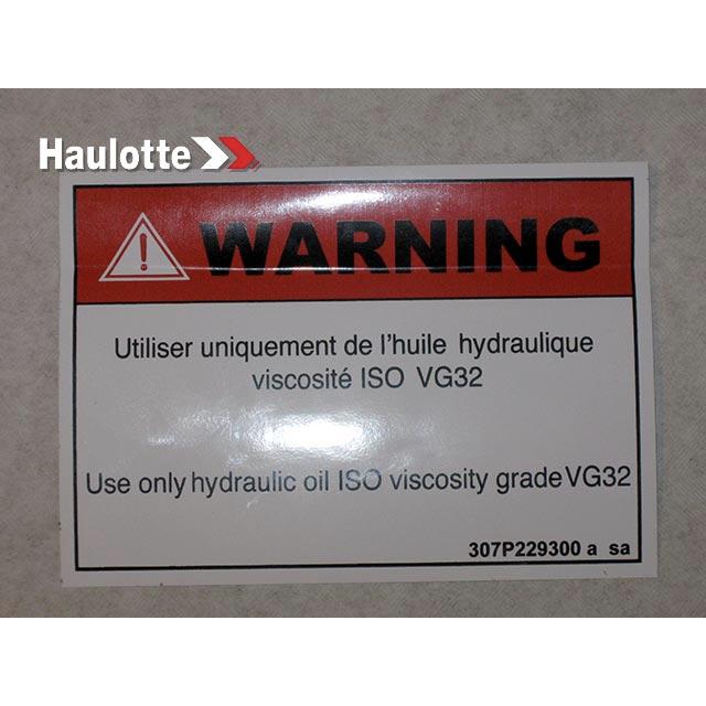 Haulotte Part # 307P229300 - DECAL - USE ONLY HYDR OIL