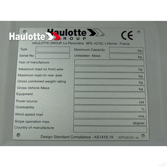 Haulotte Part # 307P230120 - MANUFACTURER PLATE