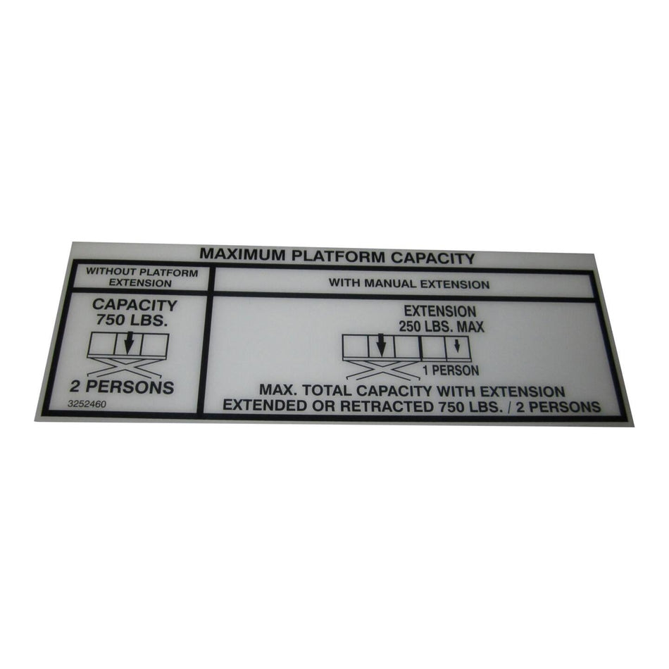 JLG Part # 3252460 - NAMEPLATE. CAP 750# (DOM/CSA)