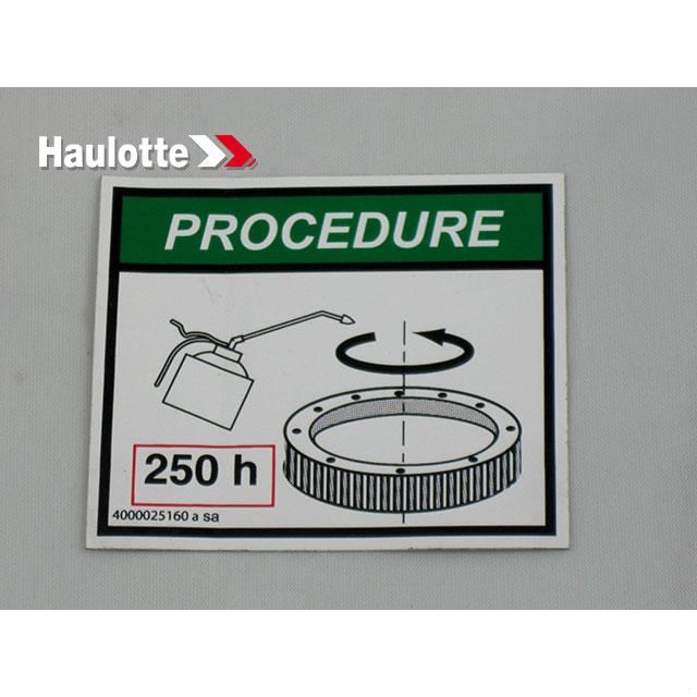 Haulotte Part # 4000025160 - LUBRICATION LABEL