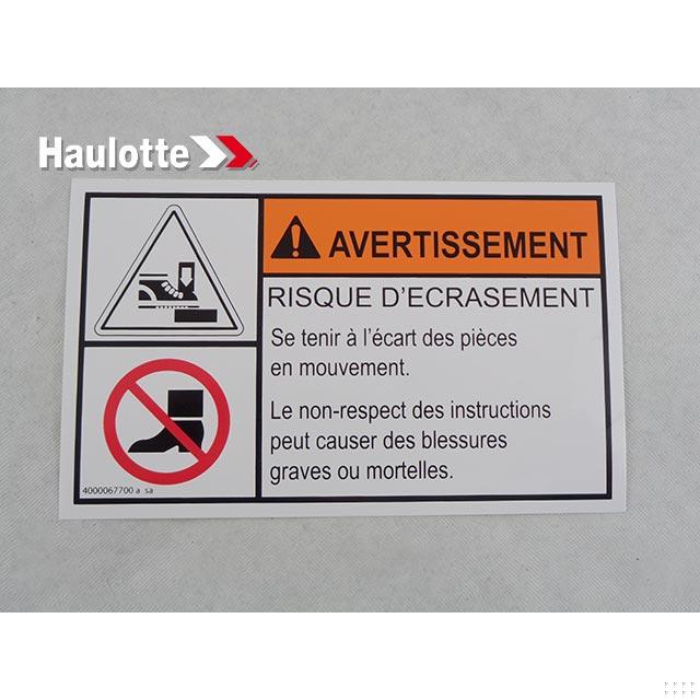 Haulotte Part # 4000067700 - FEET INJURY LABEL