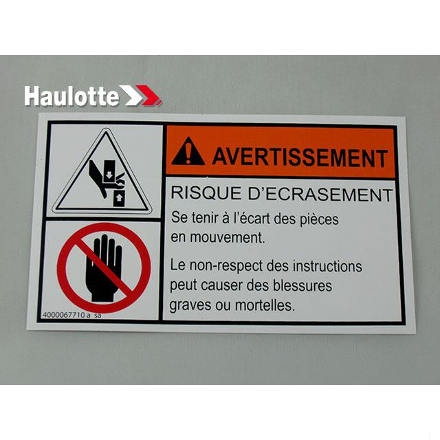 Haulotte Part # 4000067710 - HAND INJURY LABEL