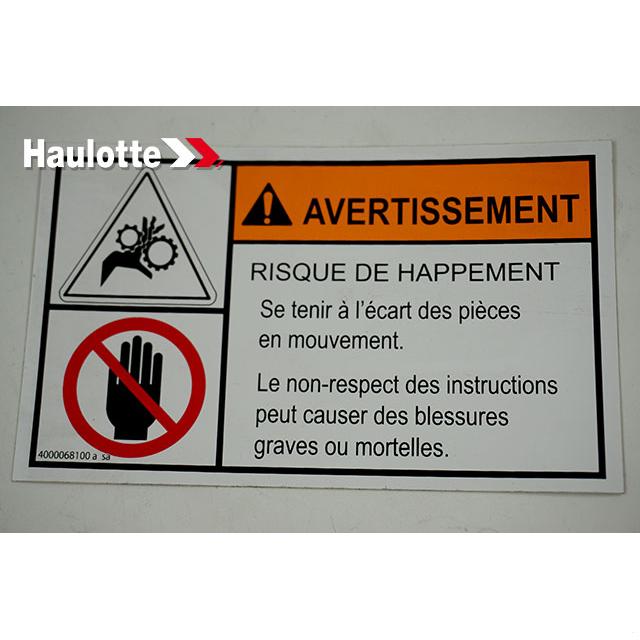 Haulotte Part # 4000068100 - HAND INJURY LABEL