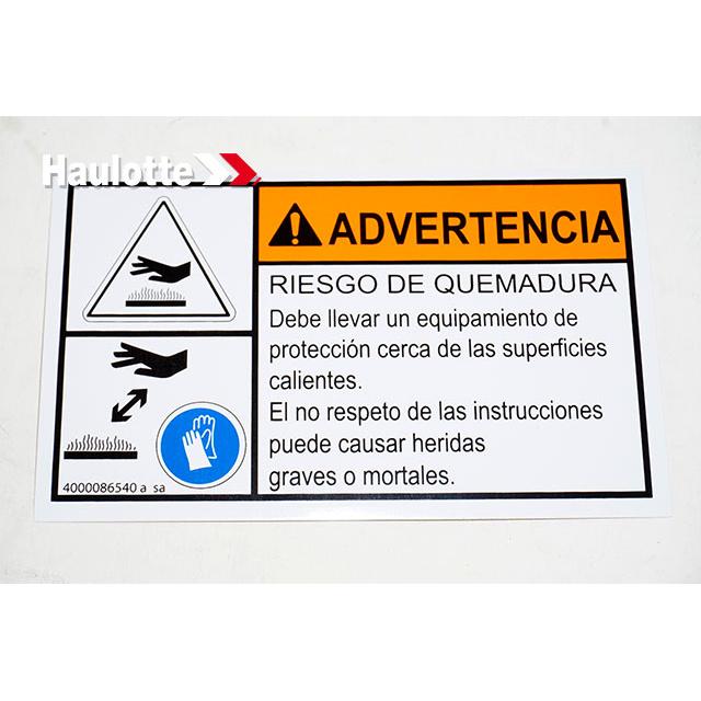 Haulotte Part # 4000086540 - HAND INJURY LABEL