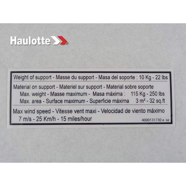 Haulotte Part # 4000131730 - Decal-Capacity-Glass Panel Support