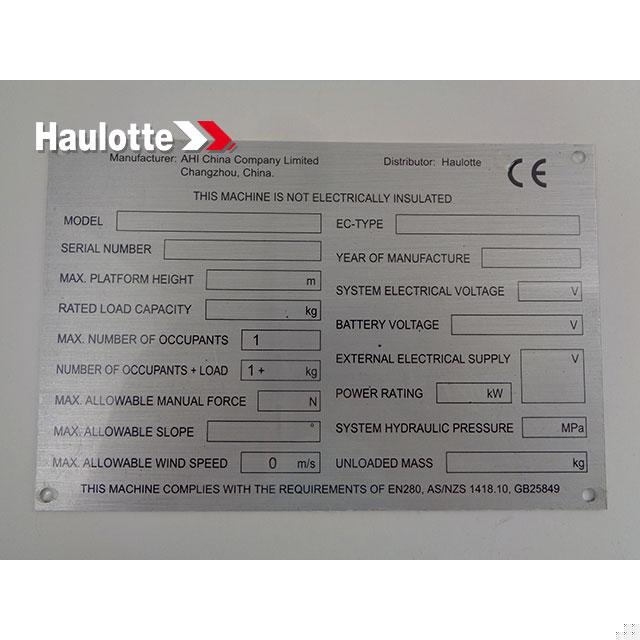 Haulotte Part # 4000309090 - MANUFACTURER PLATE