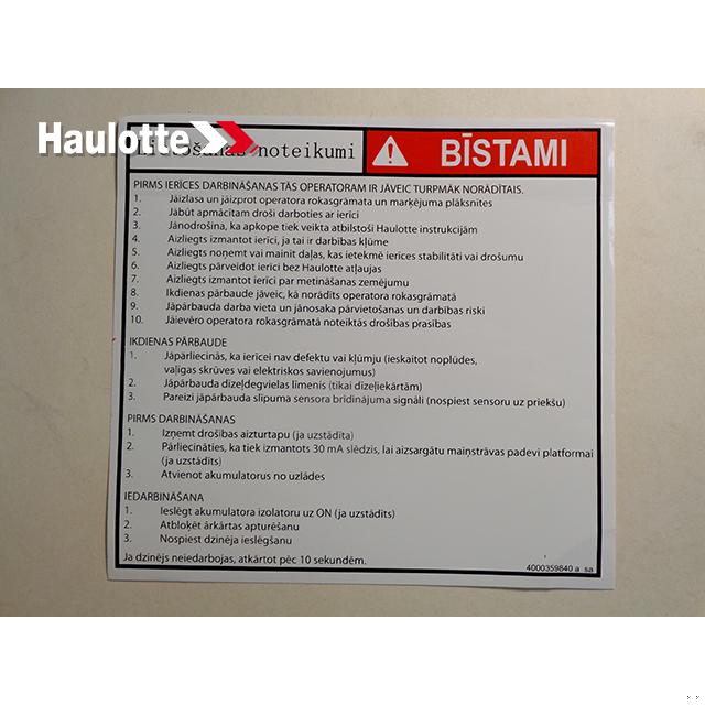 Haulotte Part # 4000359840 - INSTRUCTION LABEL