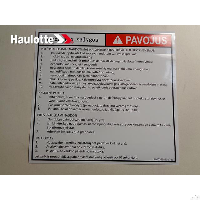 Haulotte Part # 4000359850 - INSTRUCTION LABEL