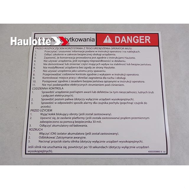 Haulotte Part # 4000359860 - INSTRUCTION LABEL