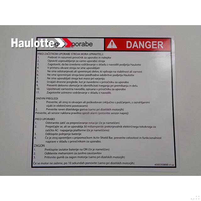 Haulotte Part # 4000359890 - INSTRUCTION LABEL