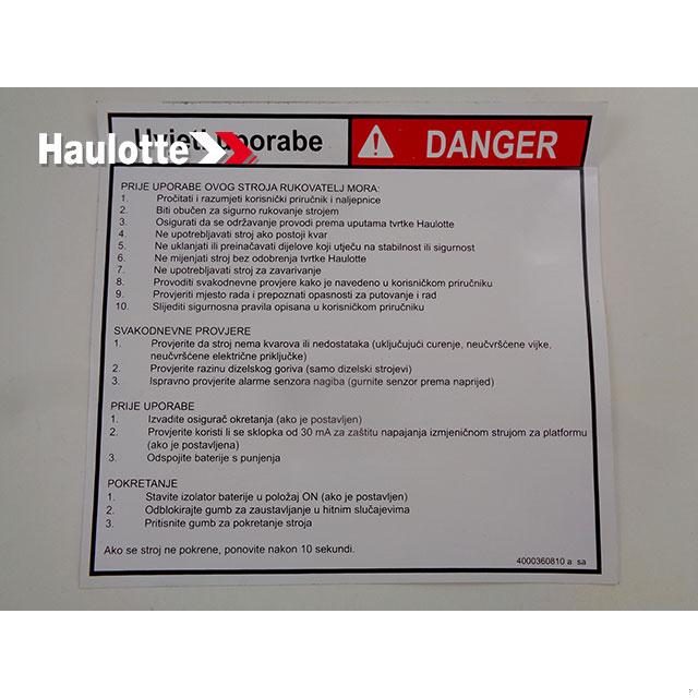 Haulotte Part # 4000360810 - INSTRUCTION LABEL