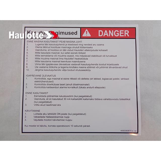 Haulotte Part # 4000360870 - INSTRUCTION LABEL