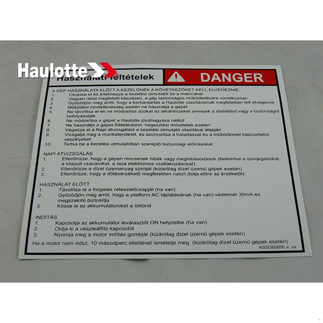 Haulotte Part # 4000360890 - INSTRUCTION LABEL