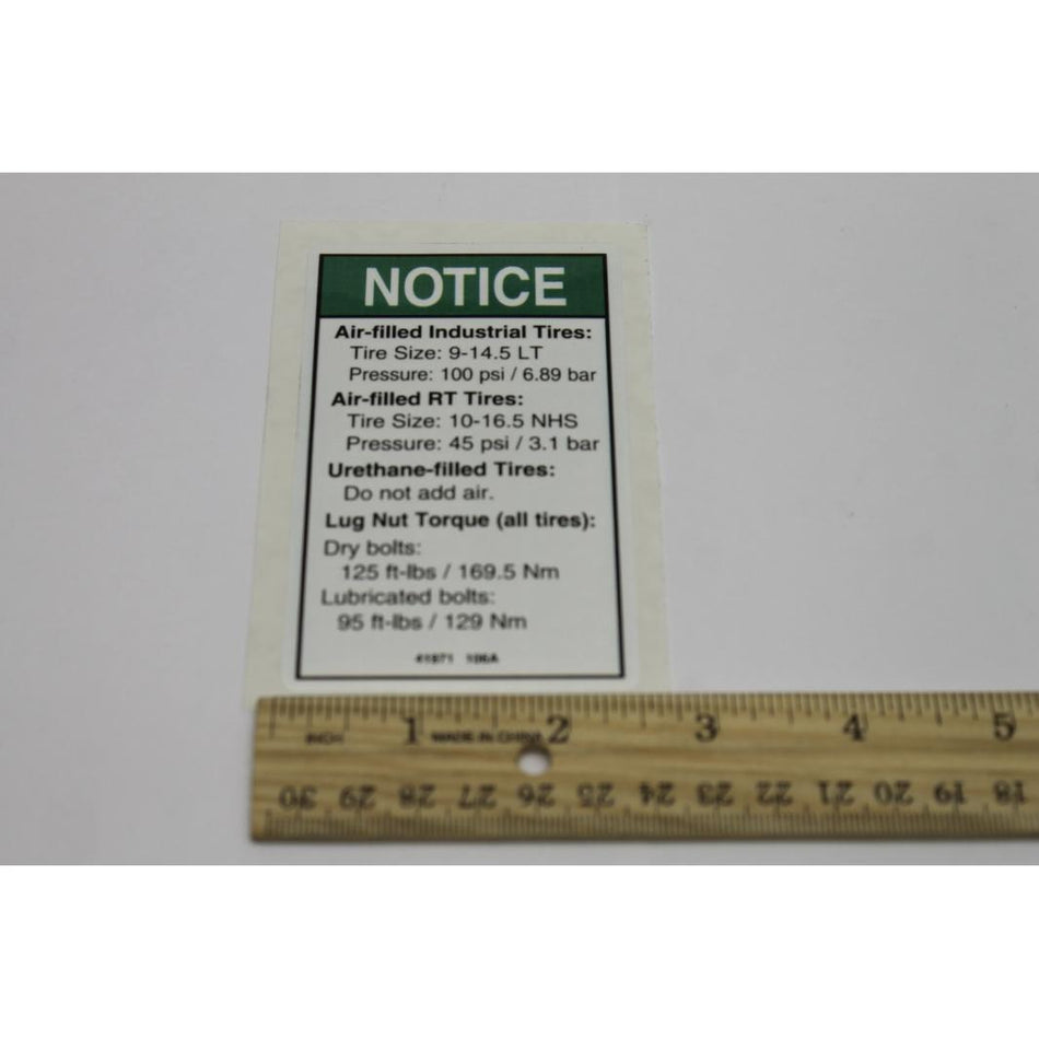 Genie Part # 41971. 41971GT - DECAL.NOTICE.TIRE SPEC.34BI/IC