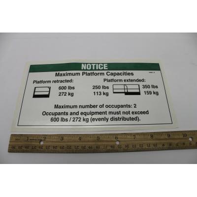 Genie Part # 43092. 43092GT - DECAL. NOTICE. MAX CAP 600 ANSI