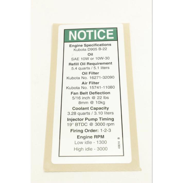 Genie Part # 43614. 43614GT - DECAL. NOTICE. KUBOTA DIE.SPECS