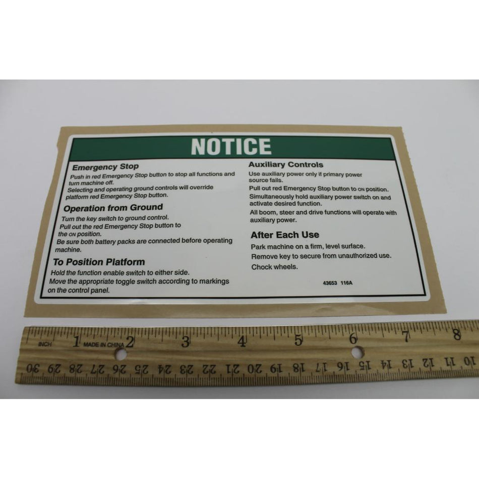 Genie Part # 43653. 43653GT - DECAL. NOTICE. GRD OPER INSTRUCT