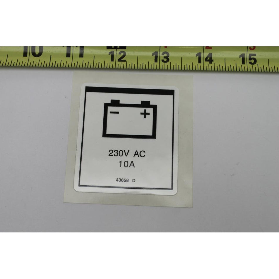 Genie Part # 43658. 43658GT - DECAL. LABEL. PWR TO CHARGER 230 EU