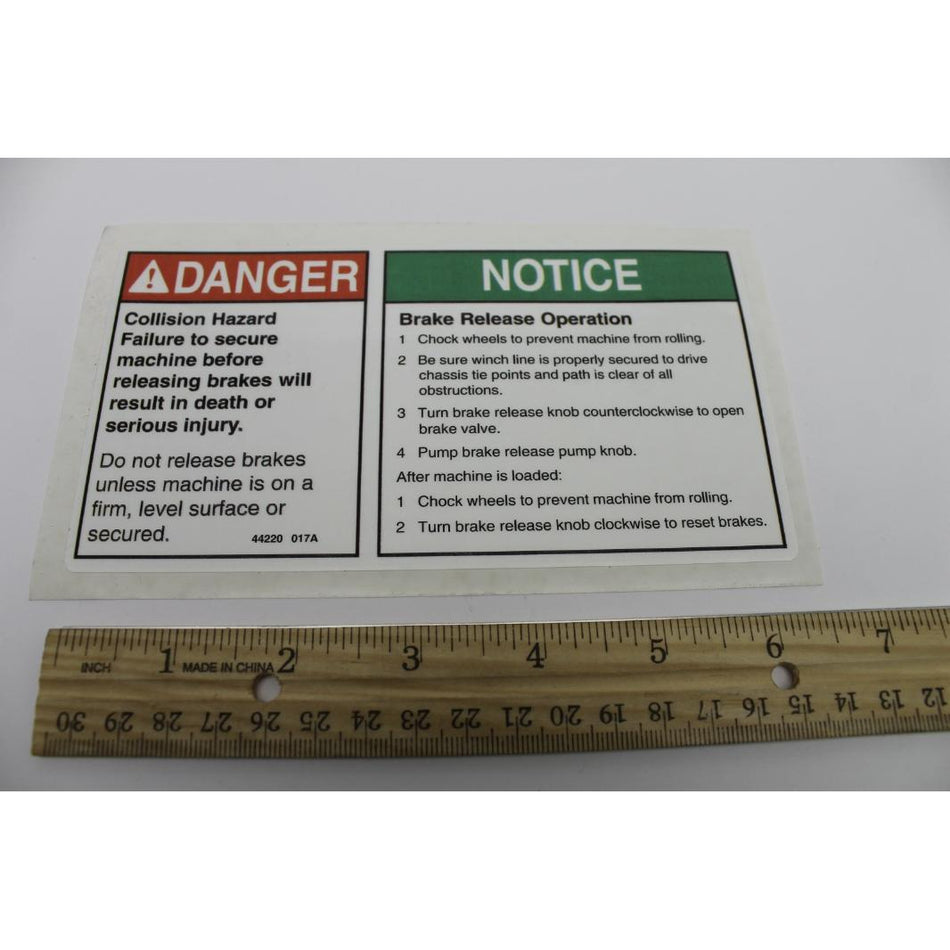 Genie Part # 44220. 44220GT - DECAL.DANGER.BRAKE REL SAFETY*