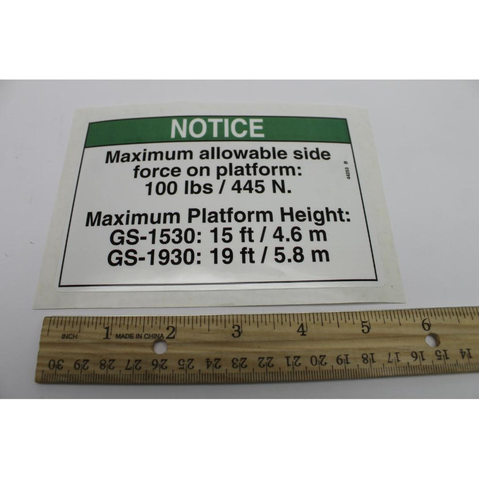 Genie Part # 44253. 44253GT - DECAL. NOTICE. SIDE FORCE. ANSI