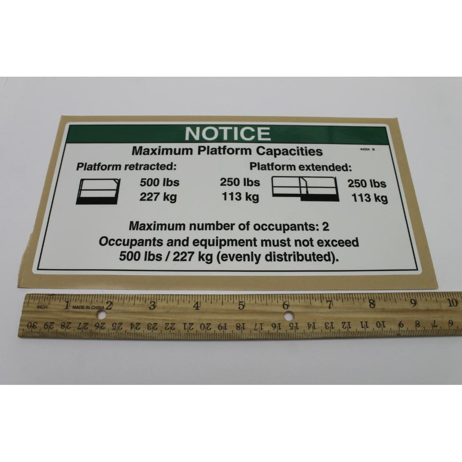 Genie Part # 44254. 44254GT - DECAL.NOTICE.MAX CAP 500 ANSI