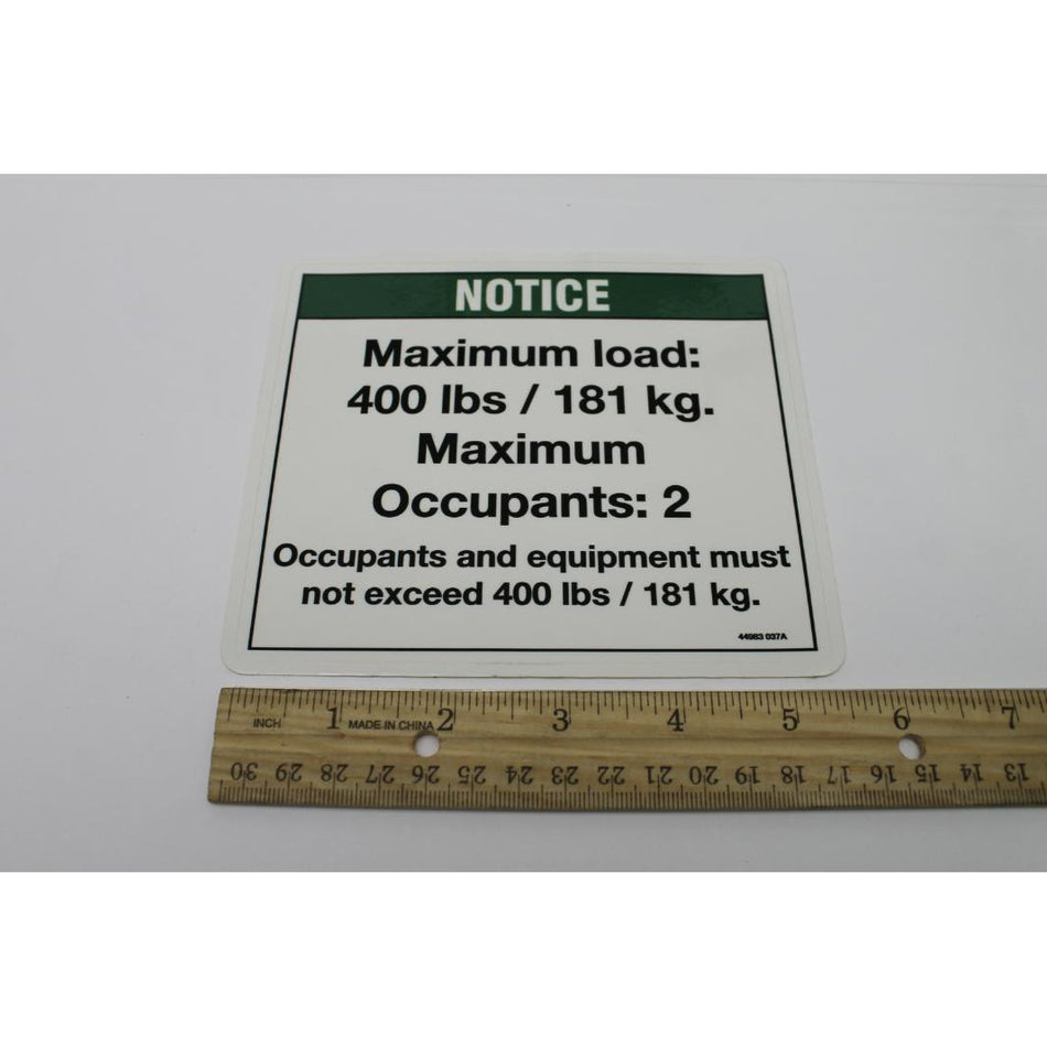 Genie Part # 44983. 44983GT - DECAL. NOTICE. MAX CAP 400 LBS