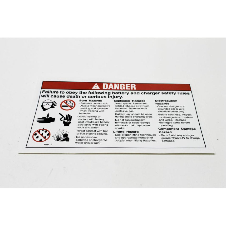 Genie Part # 46262. 46262GT - DECAL. DANGER. BATTERY SAFETY