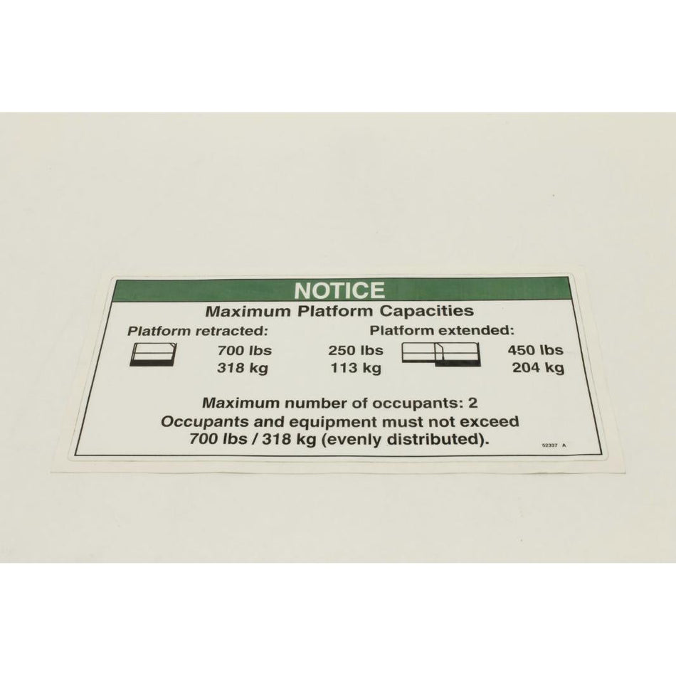 Genie Part # 52337. 52337GT - DECAL. NOTICE. MAX CAP 700 ANSI*