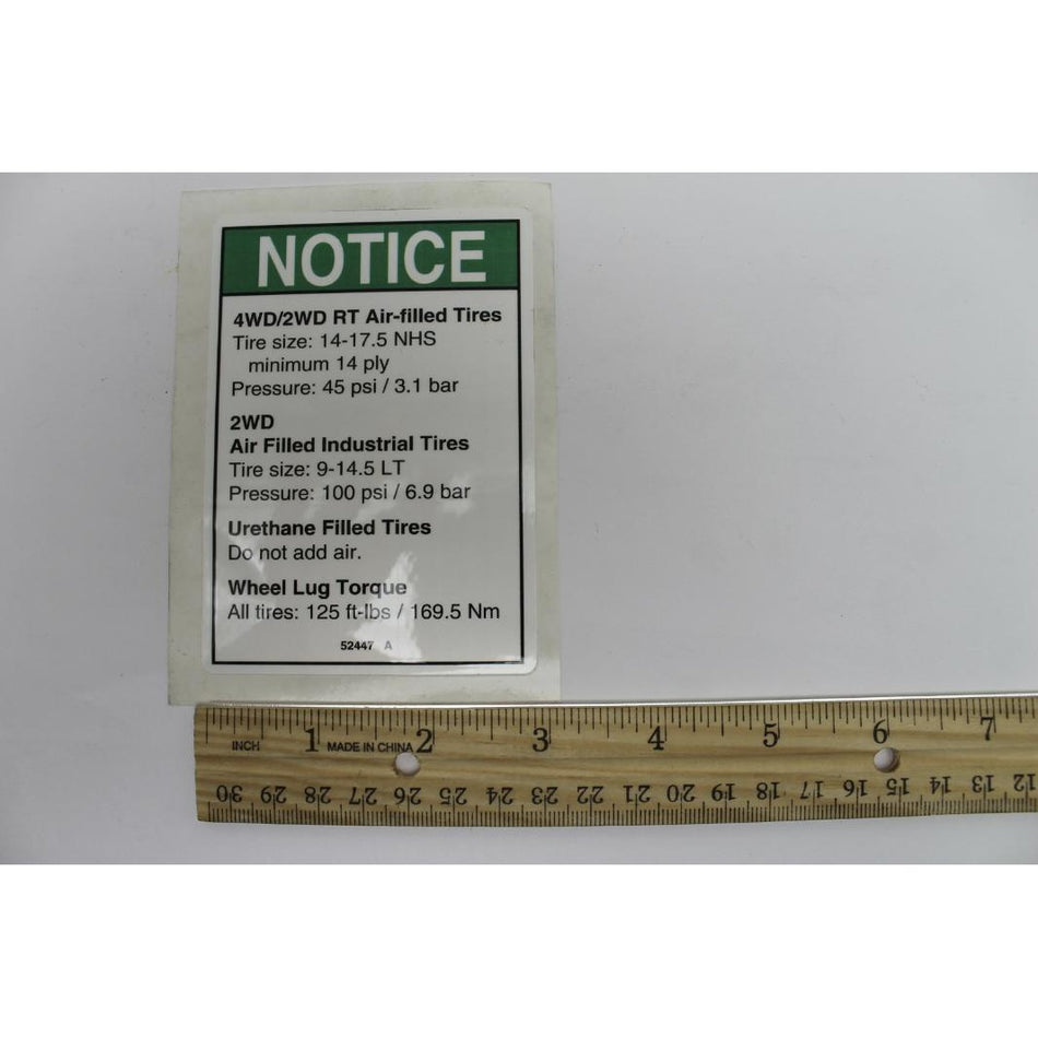 Genie Part # 52447. 52447GT - DECAL. NOTICE. TIRE SPECS***