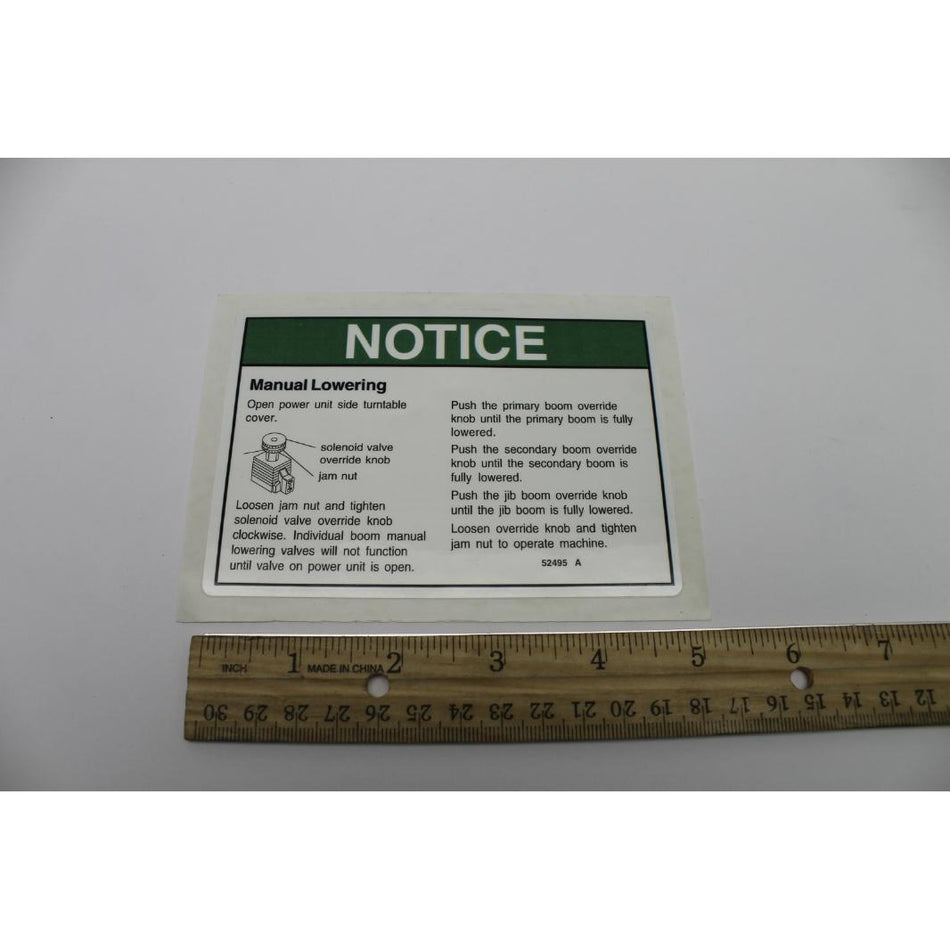 Genie Part # 52495. 52495GT - DECAL. NOTICE. MANUAL LOWERING