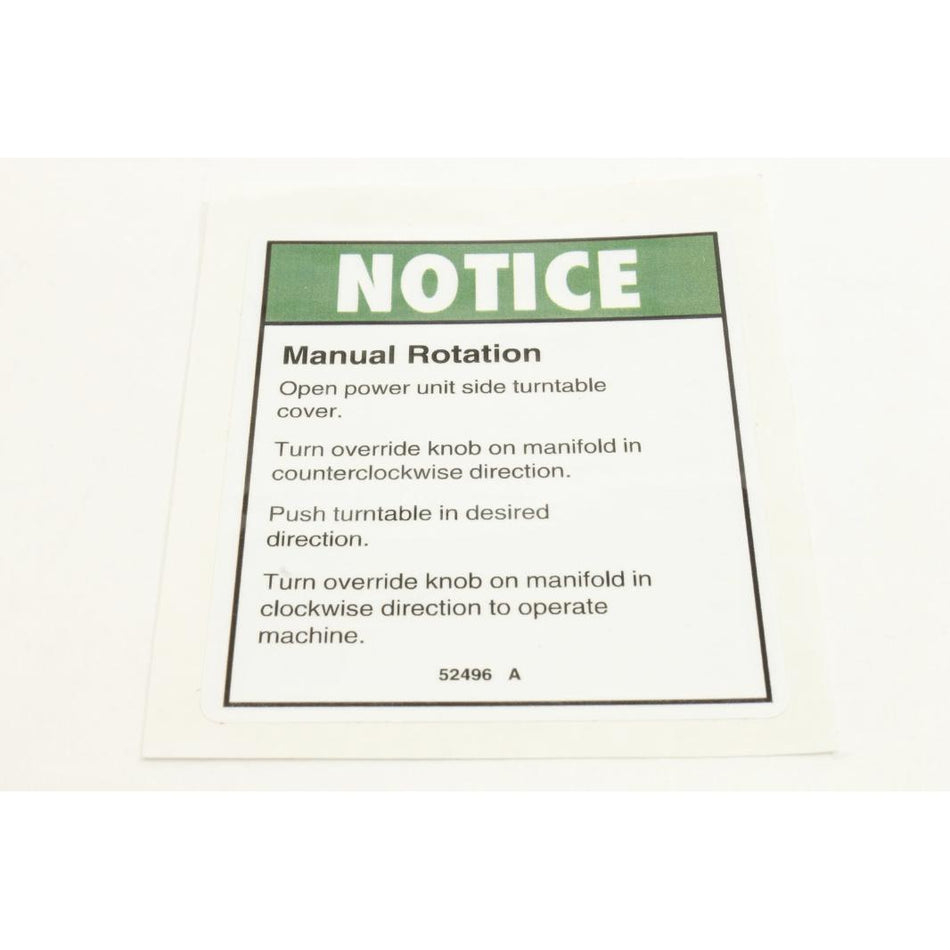 Genie Part # 52496. 52496GT - DECAL. NOTICE. MANUAL ROTATION