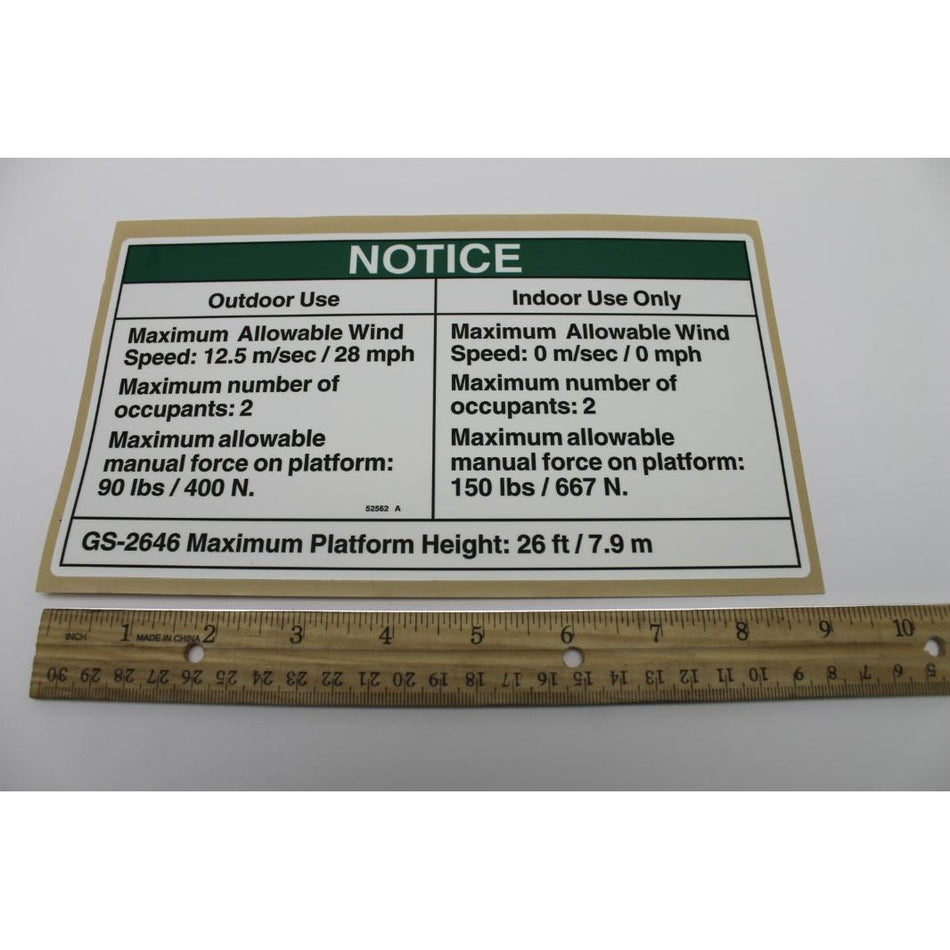 Genie Part # 52562. 52562GT - DECAL. NOTICE. SIDE FRC. 2646CE