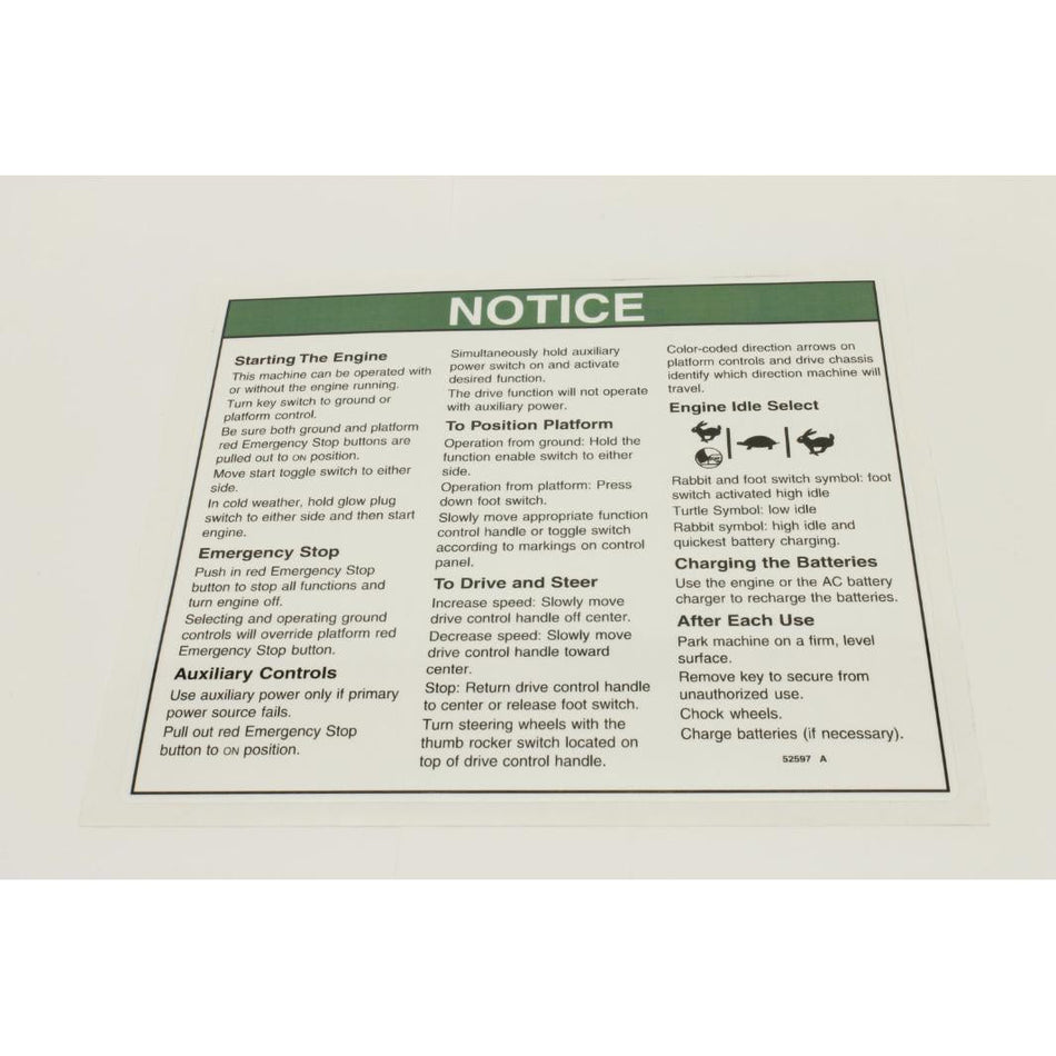 Genie Part # 52597. 52597GT - DECAL.NOTICE.OPER INST BE***
