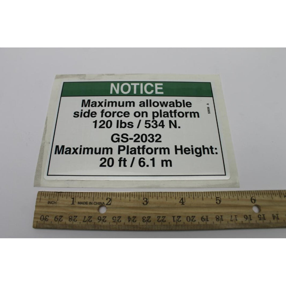 Genie Part # 52608. 52608GT - DECAL. NOTICE. SIDE FRC. 2032ANSI
