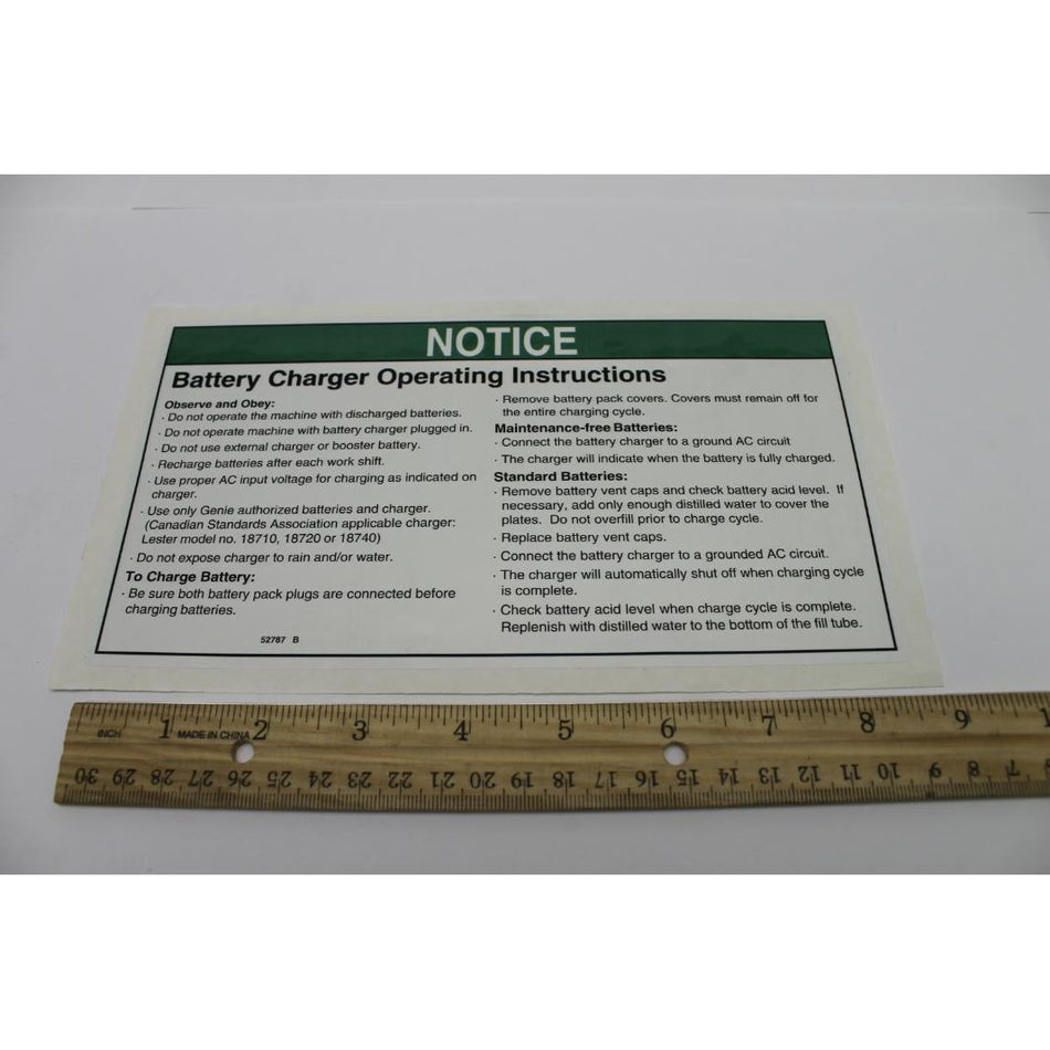 Genie Part # 52787. 52787GT - DECAL. NOTICE. CHARGER INSTRUC